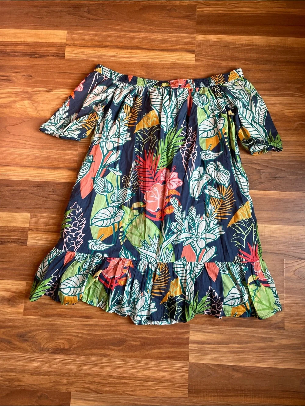 Tori Richard Off Shoulder Tropical Floral Cotton Ruffle Mini Dress M